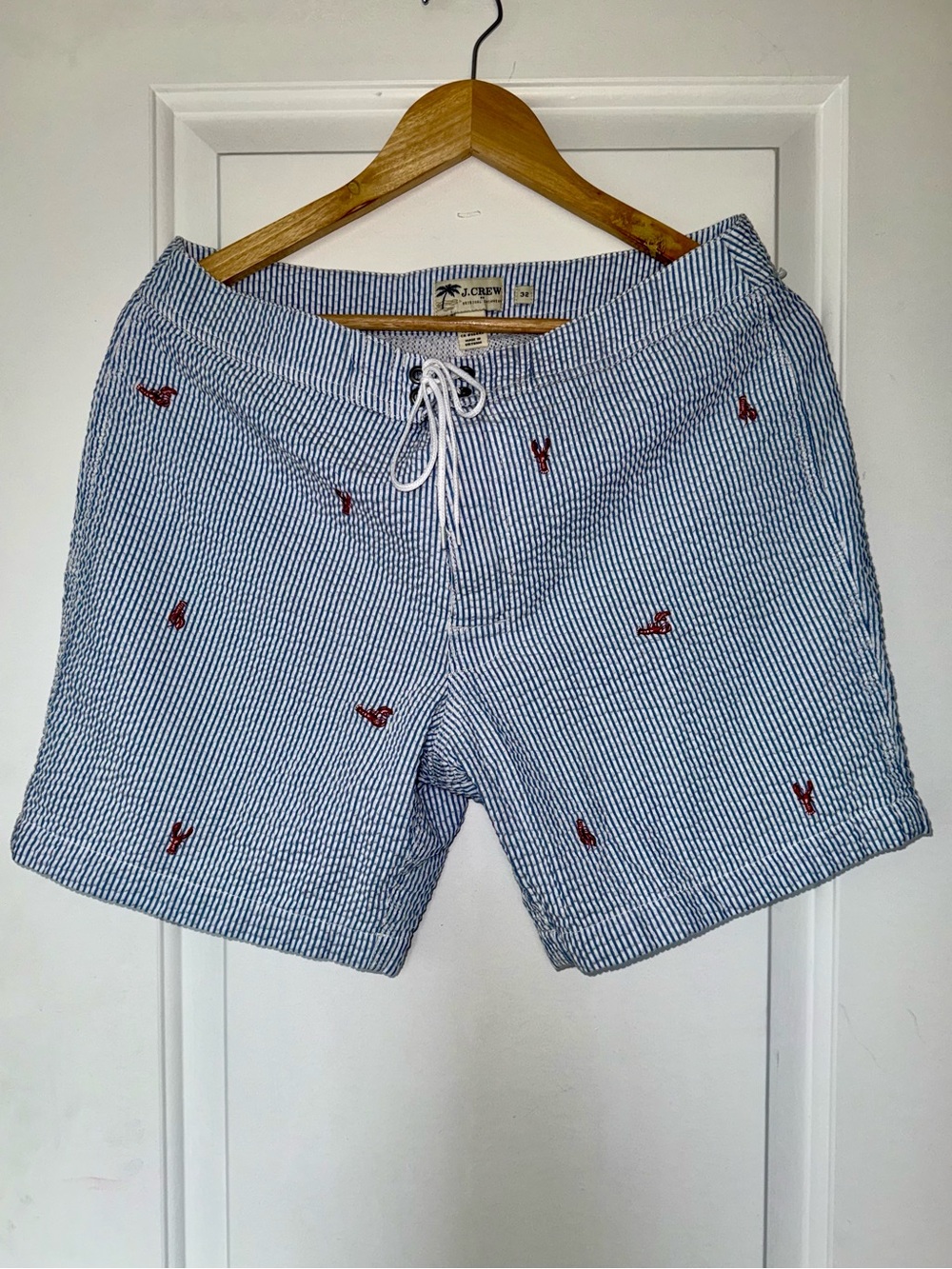 J. Crew Blue and White Seersucker Lobster Embroidered Swim Trunks - EUC - Picture 3 of 5